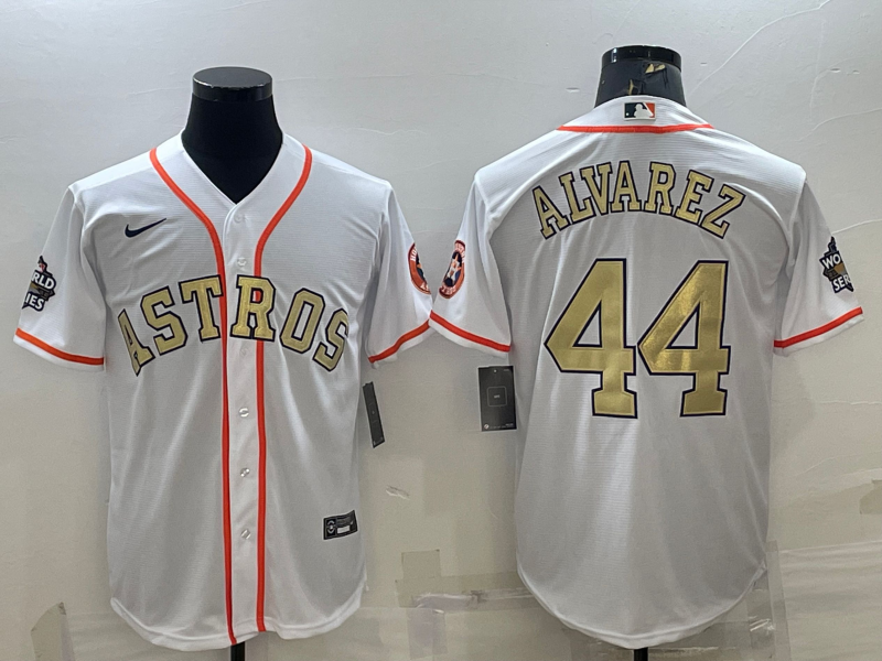 MLB Astros 44 Yordan Alvarez White Gold 2022 World Series Champion Nike Cool Base Men Jersey