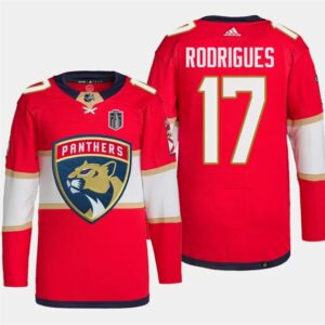 Panthers 17 Evan Rodrigues Red 2024 Stanley Cup Final Patch Men Jersey