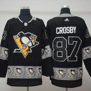 Penguins 87 Sidney Crosby Black Team Logos Fashion Men Jersey