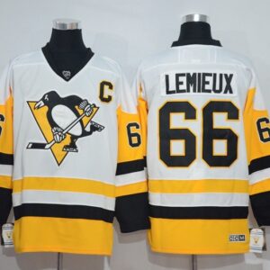 Penguins 66 Mario Lemieux White Yellow Reebok Men Jersey