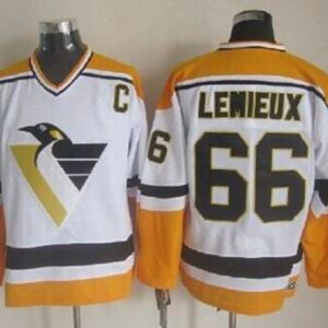 Penguins 66 Mario Lemieux White Yellow CCM Throwback Men Jersey