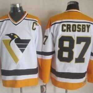 Penguins 87 Sidney Crosby White Yellow CCM Throwback Men Jersey