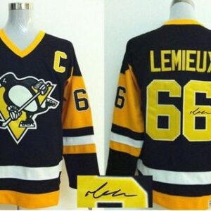 Penguins 66 Mario Lemieux Black CCM Throwback Autographed Men Jersey