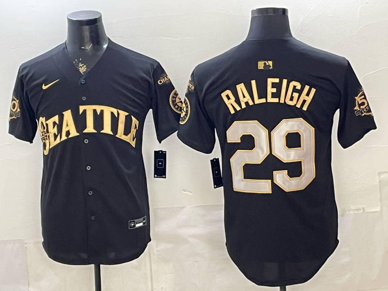 Seattle Mariners 29 Raleigh Black Gold Cool Base Men Jersey