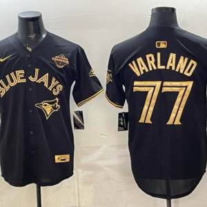 Toronto Blue Jays 77 Louis Varland Black Gold Champion Cool Base Men Jersey