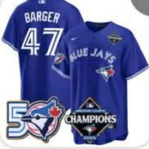 Toronto Blue Jays 47 Addison Barger 50th Anniversary & Champion Cool Base Men Jersey