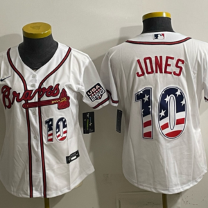 Atlanta Braves 10 Jones White USA 250 Fourth of July Cool Base Women Jersey