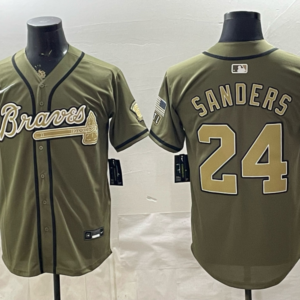 Atlanta Braves 24 Deion Sanders Olive Salute to Service Cool Base Men Jersey