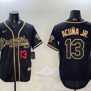 MLB Braves 13 Ronald Acuna Black Gold Nike Cool Base Men Jersey