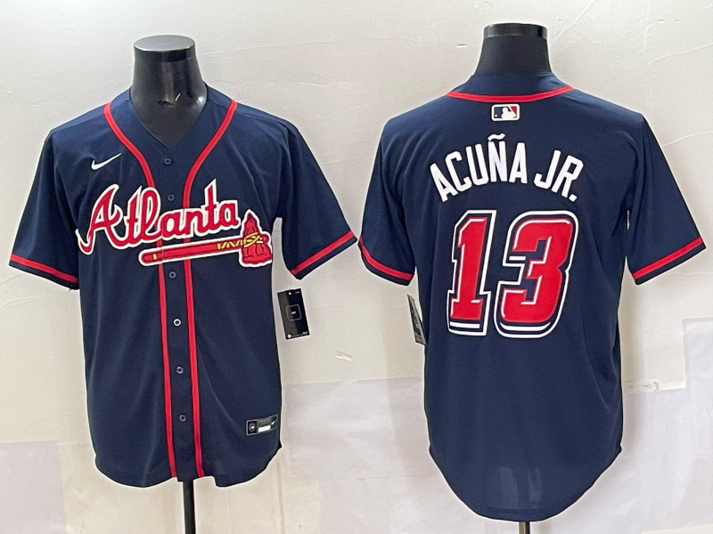 MLB Braves 13 Acuna Jr Navy Nike Cool Base Men Jersey