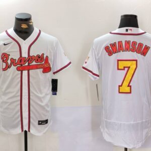 MLB Braves 7 Dansby Swanson White Gold Nike Cool Base Men Jersey