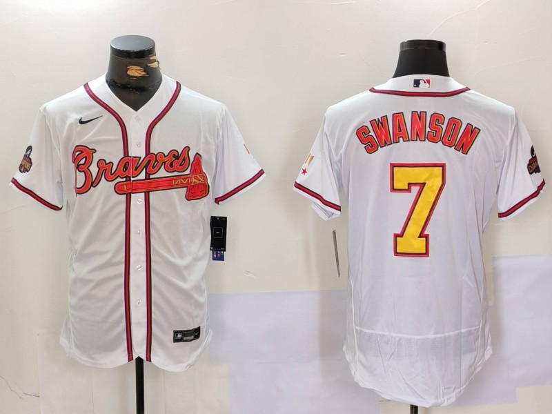 MLB Braves 7 Dansby Swanson White Gold Nike Cool Base Men Jersey