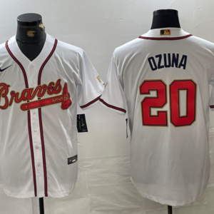 MLB Braves 20 Ozuna White Gold Champion Nike Cool Base Men Jersey