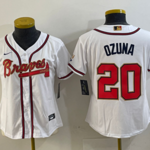 MLB Braves 20 Ozuna White Gold Champion Nike Cool Base Women Jersey