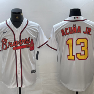 MLB Braves 13 Ronald Acuna White Gold Nike Cool Base Men Jersey