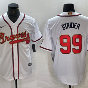 MLB Braves 99 Spencer Strider White Gold Nike Cool Base Men Jersey