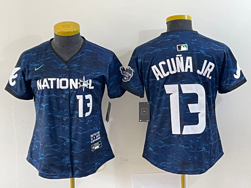 MLB Braves 13 Ronald Acuna Royal 2023 All-Star Nike Cool Base Women Jersey(Run Small)