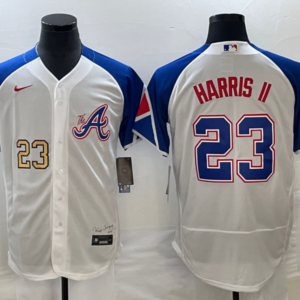 MLB Braves 23 Harris II White Gold 2023 City Connect Nike Flexbase Men Jersey