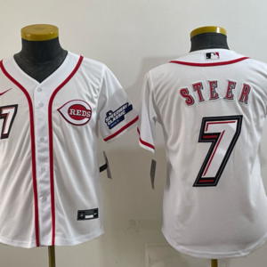 MLB Reds 7 Steer White 2025 Speedway Classic Nike Cool Base Youth Jersey 1
