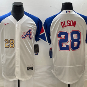 MLB Braves 28 Matt Olson White Gold 2023 City Connect Nike Flexbase Men Jersey