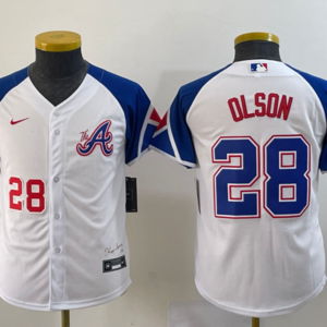 MLB Braves 28 Matt Olson White 2023 City Connect Nike Cool Base Women Jersey