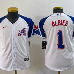 MLB Braves 1 Ozzie Albies White 2023 City Connect Nike Cool Base Youth Jersey