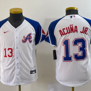 MLB Braves 13 Ronald Acuna Jr. White 2023 City Connect Nike Cool Base Youth Jersey