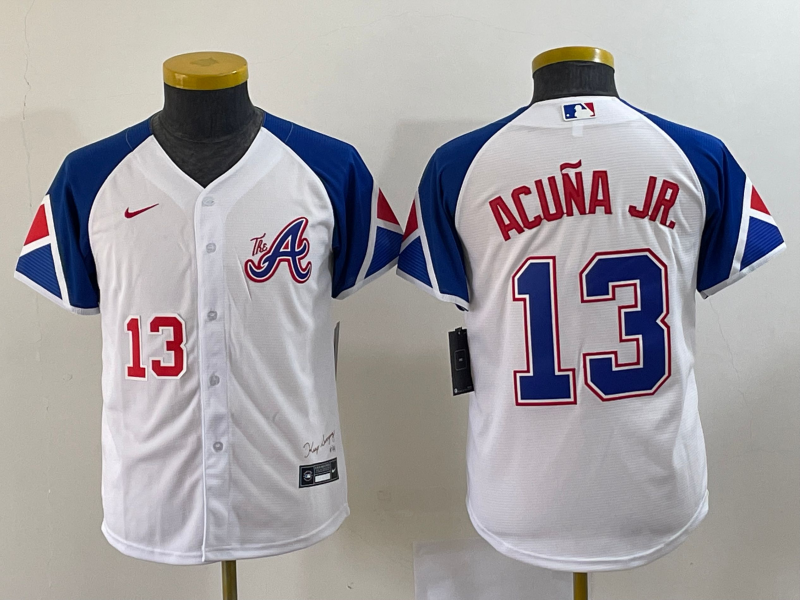 MLB Braves 13 Ronald Acuna Jr. White 2023 City Connect Nike Cool Base Youth Jersey