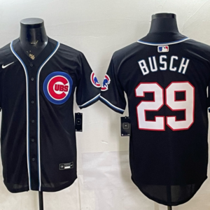 Chicago Cubs 29 Busch 2026 Black Out Cool Base Men Jersey with150th Patch