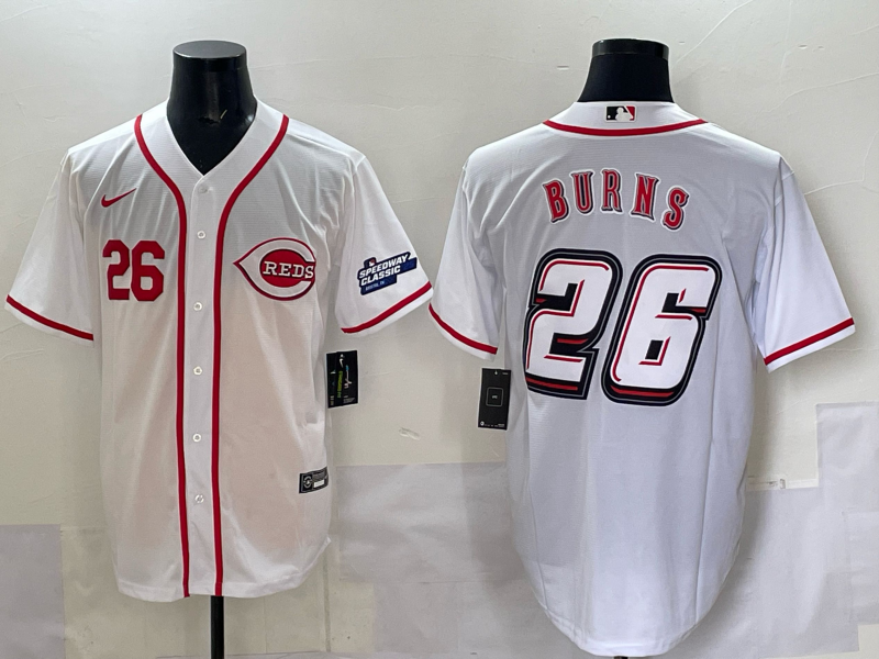 MLB Reds 26 Burns White 2025 Speedway Classic Nike Cool Base Men Jersey