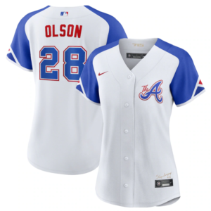 MLB Braves 28 Matt Olson White 2023 City Connect Nike Cool Base Women Jersey(Run Small)