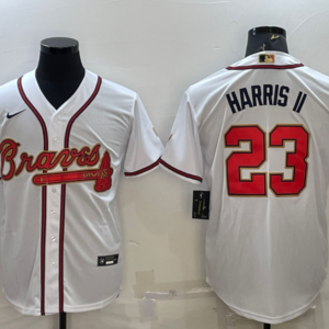 MLB Braves 23 Harris II White Gold Nike Cool Base Men Jersey