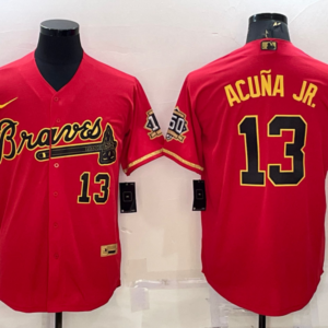 MLB Braves 13 Ronald Acuna Jr Red Gold Nike Cool Base Men Jersey