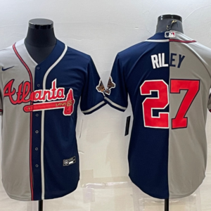 MLB Braves 27 Riley Grey Blue Split Nike Cool Base Men Jersey