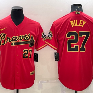 MLB Braves 27 Riley Red Gold Nike Cool Base Men Jersey