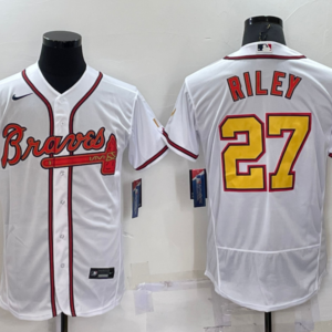 MLB Braves 27 Riley White Gold Nike Cool Base Men Jersey