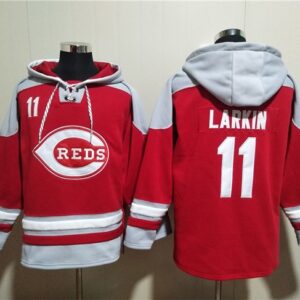 MLB Reds 11 Barry Larkin Red Ageless Must-Have Lace-Up Pullover Hoodie