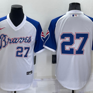 MLB Braves 27 Riley White Blue Throwback Men Jersey
