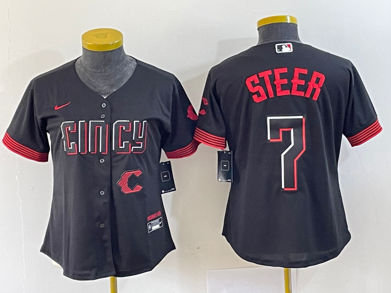 MLB Reds 7 Steer Black 2023 City Connect Nike Cool Base Women Jersey