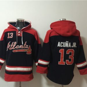MLB Braves 13 Ronald Acu?a Jr. Navy Red Ageless Must-Have Lace-Up Pullover Hoodie