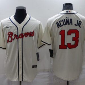 MLB Braves 13 Ronald Acuna Cream Nike Cool Base Men Jersey