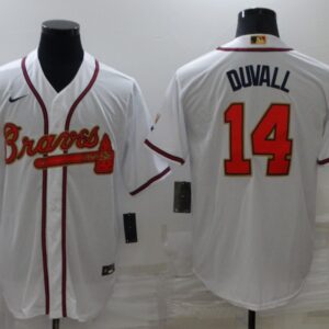 MLB Braves 14 DUVALL White Gold Nike Cool Base Men Jersey