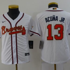 MLB Braves 13 Ronald Acuna 2022 White Gold Nike Cool Base Youth Jersey