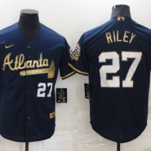 MLB Braves 27 Riley Navy Gold Nike Cool Base Men Jersey