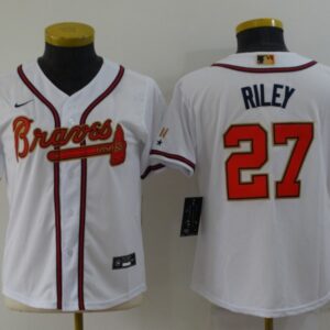 MLB Braves 27 Riley 2022 White Gold Nike Cool Base Women Jersey