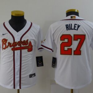 MLB Braves 27 Riley 2022 White Gold Nike Cool Base Youth Jersey