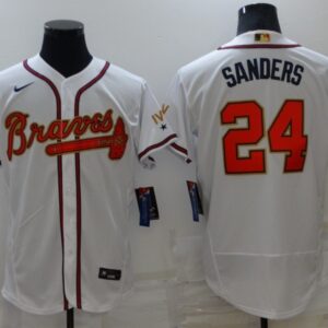 MLB Braves 24 Deion Sanders 2022 White Gold Nike Flexbase Men Jersey