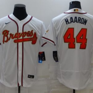 MLB Braves 44 Hank Aaron 2022 White Gold Nike Flexbase Men Jersey