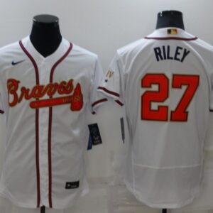 MLB Braves 27 Riley 2022 White Gold Nike Flexbase Men Jersey