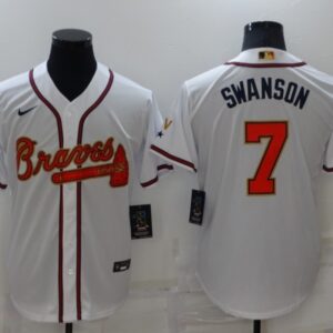 MLB Braves 7 Dansby Swanson 2022 White Gold Nike Cool Base Men Jersey